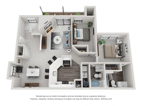 Floor plan for 2 beds, 2 baths, 978 sqft